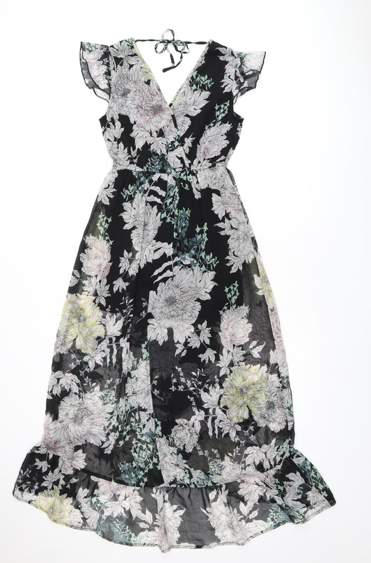 Band of Gypsies Womens Black Floral Polyester A-Line Size XS V-Neck Tie