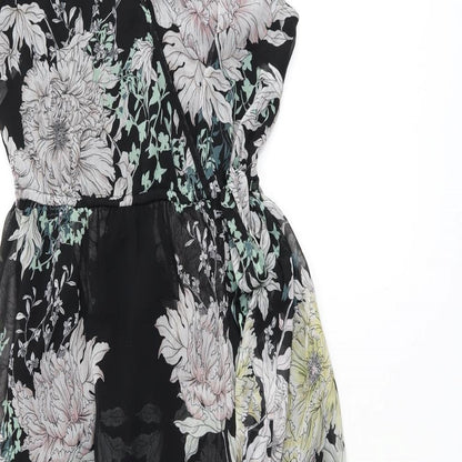 Band of Gypsies Womens Black Floral Polyester A-Line Size XS V-Neck Tie