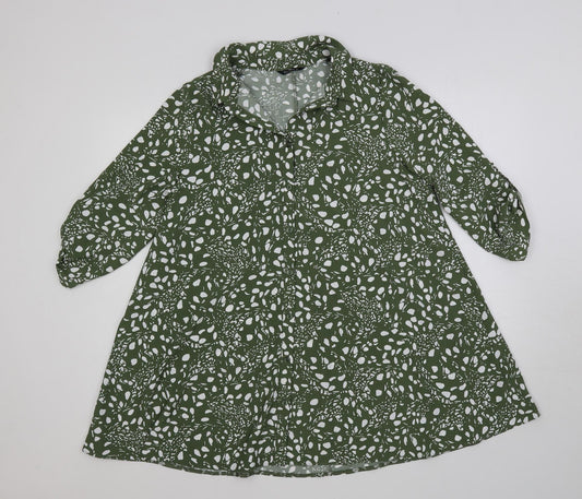 Roman Womens Green Geometric Polyester Shirt Dress Size 12 Collared Button