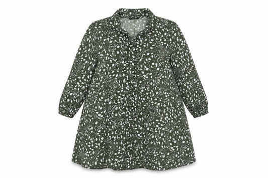 Front view of Roman women’s green geometric polyester shirt dress, size UK 12, collared button