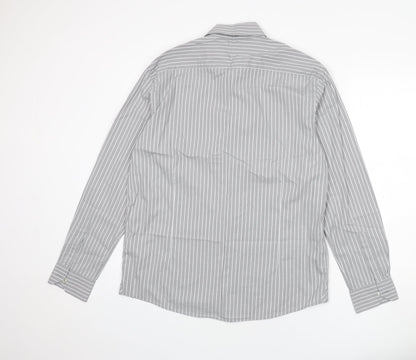 NEXT Mens Grey Striped Cotton Button-Up Size L Collared Button