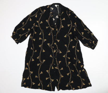 H&M Womens Black Geometric Viscose Shirt Dress Size 14 V-Neck Button