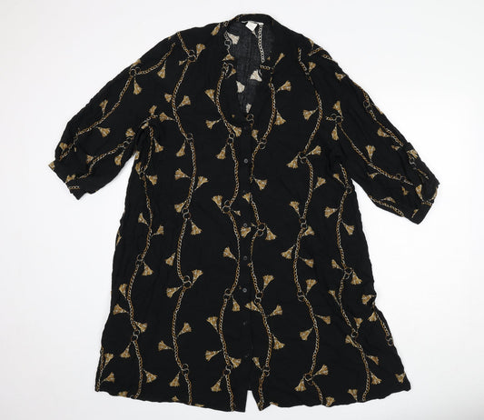H&M Womens Black Geometric Viscose Shirt Dress Size 14 V-Neck Button
