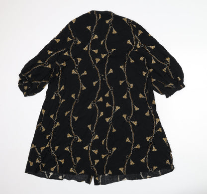 H&M Womens Black Geometric Viscose Shirt Dress Size 14 V-Neck Button
