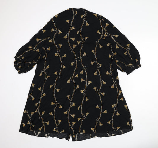 H&M Womens Black Geometric Viscose Shirt Dress Size 14 V-Neck Button