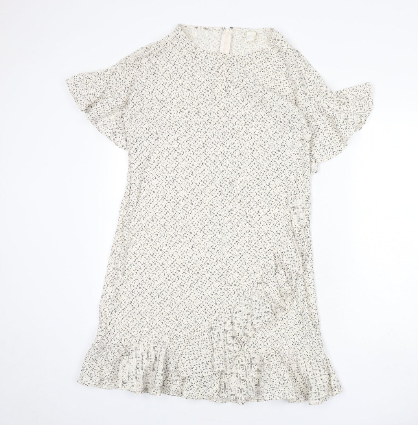H&M Womens Beige Geometric Cotton A-Line Size 12 Round Neck Zip - Ruffle Detail
