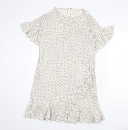 H&M Womens Beige Geometric Cotton A-Line Size 12 Round Neck Zip - Ruffle Detail