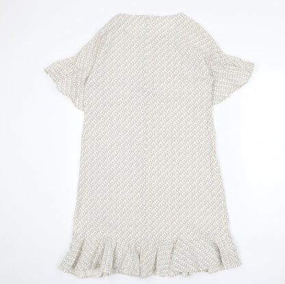 H&M Womens Beige Geometric Cotton A-Line Size 12 Round Neck Zip - Ruffle Detail