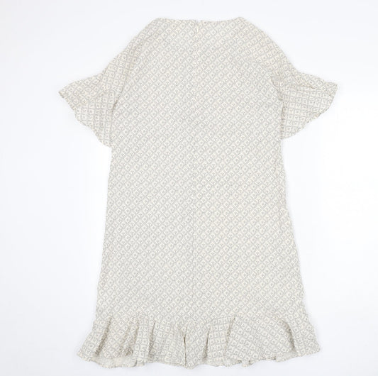 H&M Womens Beige Geometric Cotton A-Line Size 12 Round Neck Zip - Ruffle Detail
