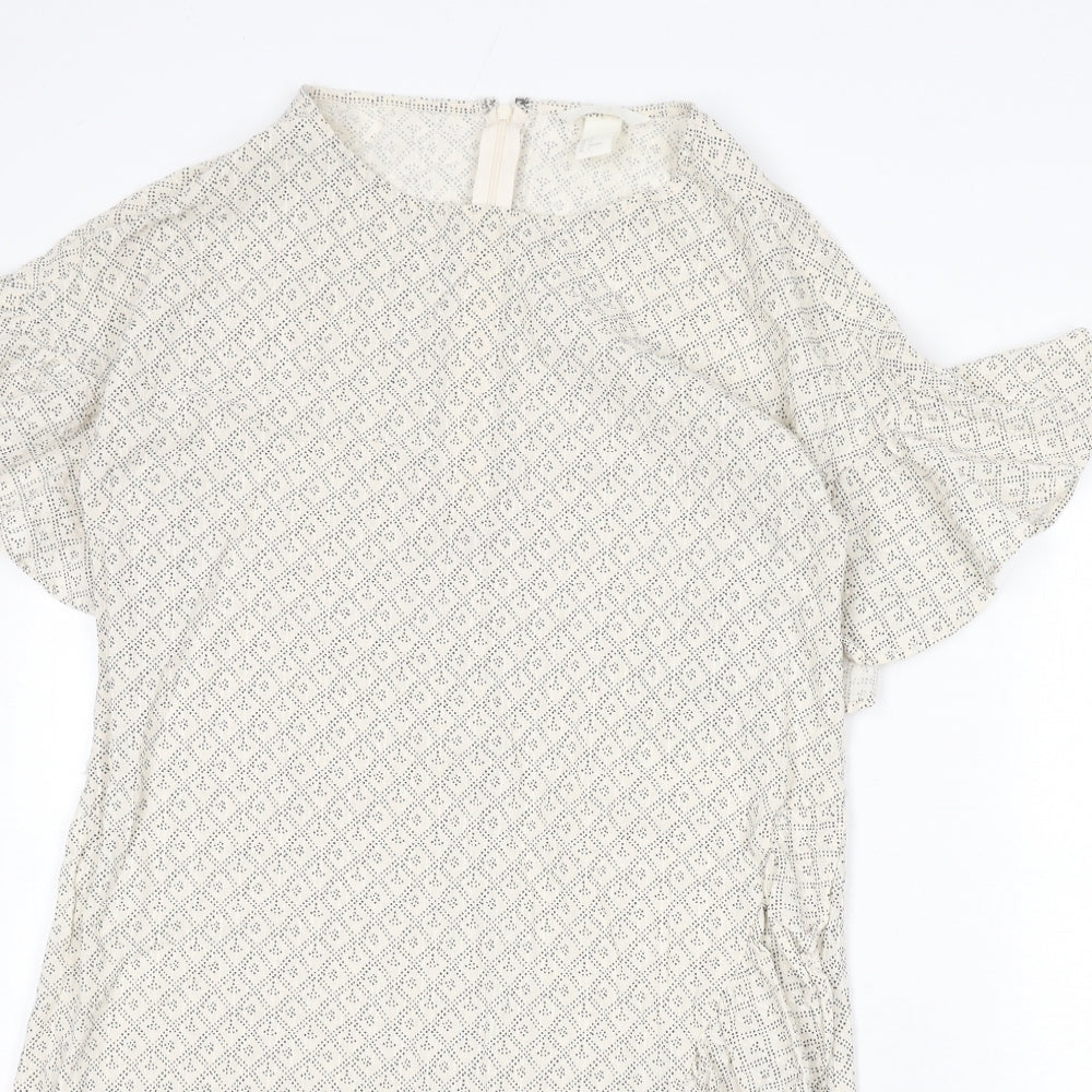 H&M Womens Beige Geometric Cotton A-Line Size 12 Round Neck Zip - Ruffle Detail