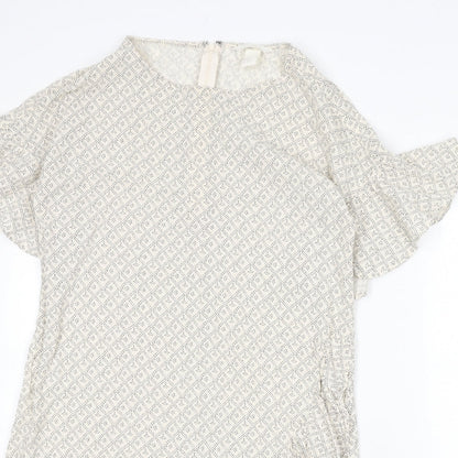 H&M Womens Beige Geometric Cotton A-Line Size 12 Round Neck Zip - Ruffle Detail