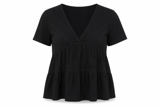 Front view of ASOS women’s black viscose basic t-shirt, size UK 4, v-neck - ribbed, flare