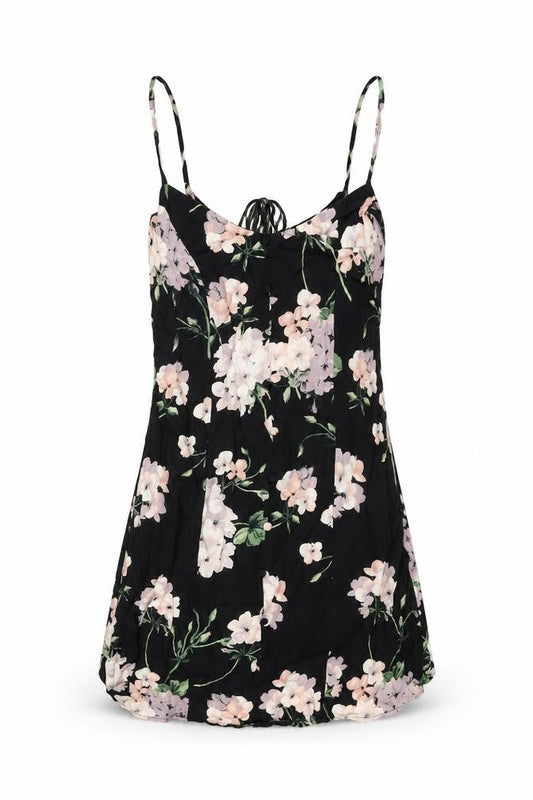 Front view of ASOS women’s black floral viscose mini, size UK 8, scoop neck tie