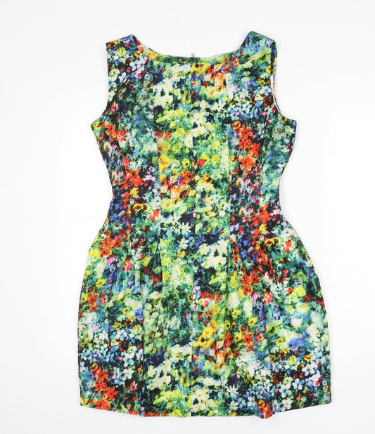 Boohoo Womens Multicoloured Floral Polyester Fit & Flare Size 8 Round Neck Zip