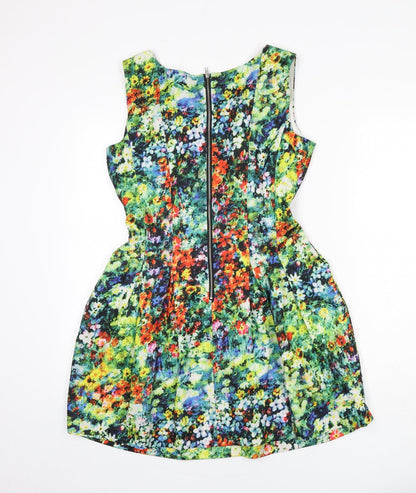 Boohoo Womens Multicoloured Floral Polyester Fit & Flare Size 8 Round Neck Zip