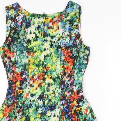 Boohoo Womens Multicoloured Floral Polyester Fit & Flare Size 8 Round Neck Zip