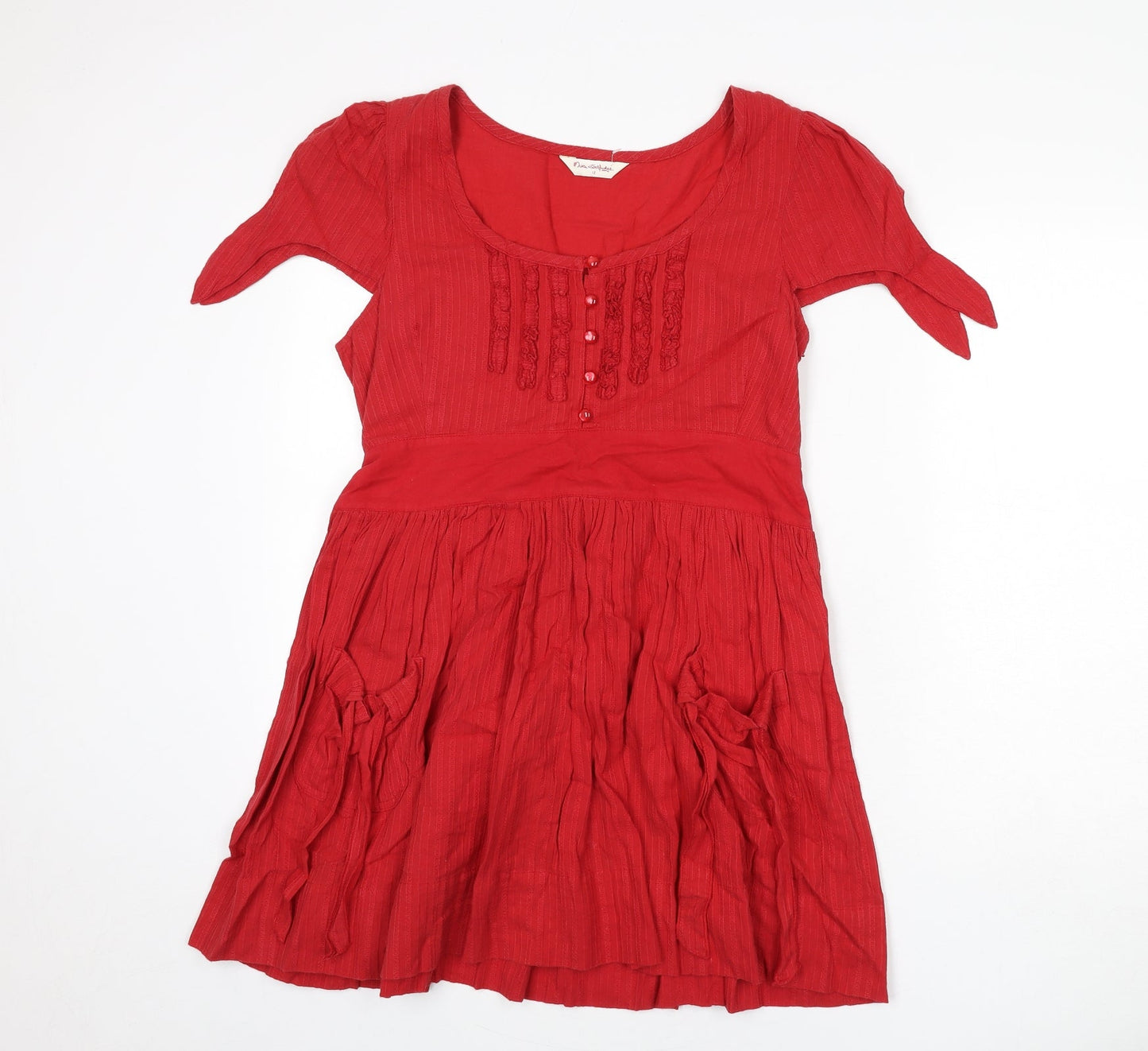 Miss Selfridge Womens Red Striped Cotton A-Line Size 12 Round Neck Zip - Tie Detail