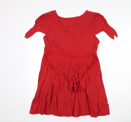 Miss Selfridge Womens Red Striped Cotton A-Line Size 12 Round Neck Zip - Tie Detail