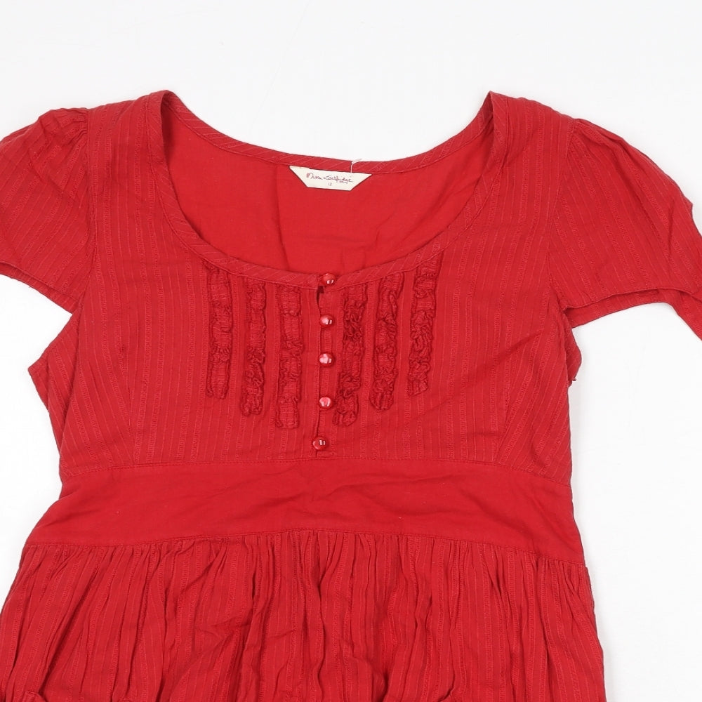 Miss Selfridge Womens Red Striped Cotton A-Line Size 12 Round Neck Zip - Tie Detail