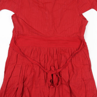 Miss Selfridge Womens Red Striped Cotton A-Line Size 12 Round Neck Zip - Tie Detail