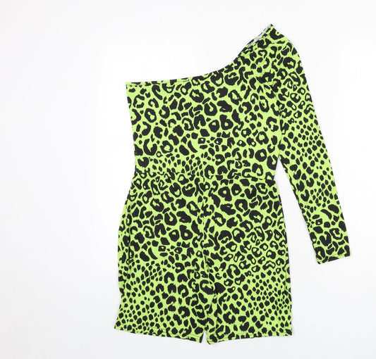 I SAW IT FIRST Womens Green Animal Print Polyester Romper One-Piece Size 10 L6 in Pullover - Leopard Print
