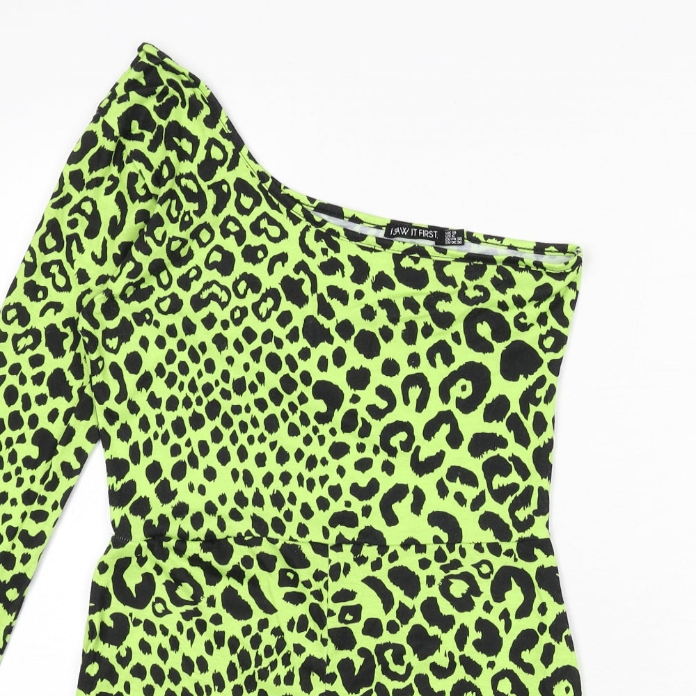 I SAW IT FIRST Womens Green Animal Print Polyester Romper One-Piece Size 10 L6 in Pullover - Leopard Print