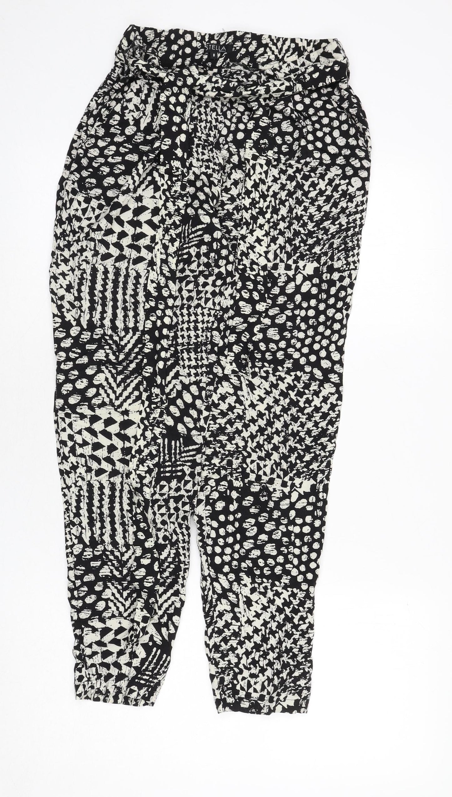 Stella Morgan Womens Black Geometric Viscose Trousers Size 8 L27 in Regular - Belted