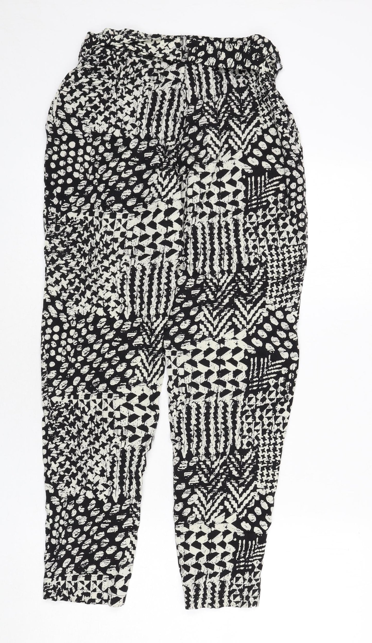 Stella Morgan Womens Black Geometric Viscose Trousers Size 8 L27 in Regular - Belted