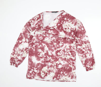 Boohoo Womens Red Geometric Polyester Tunic T-Shirt Size 8 V-Neck - Tie Dye, Asymmetric Neckline