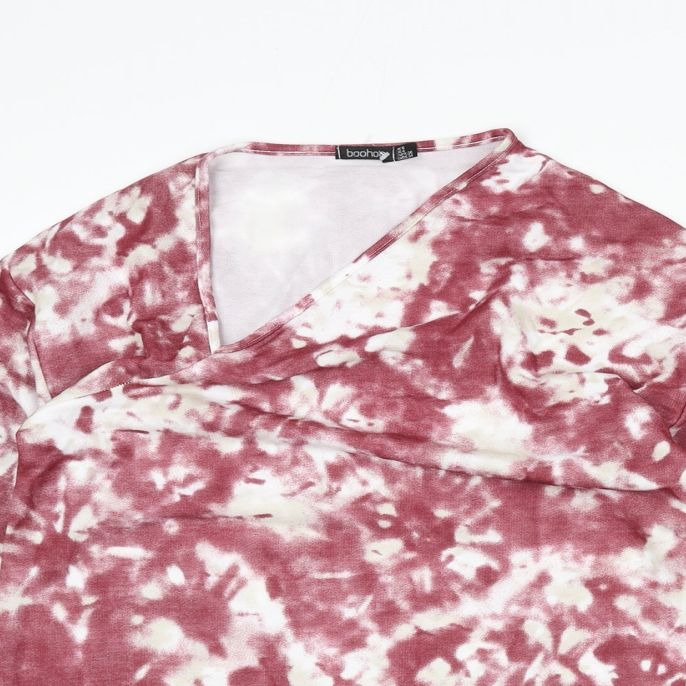Boohoo Womens Red Geometric Polyester Tunic T-Shirt Size 8 V-Neck - Tie Dye, Asymmetric Neckline