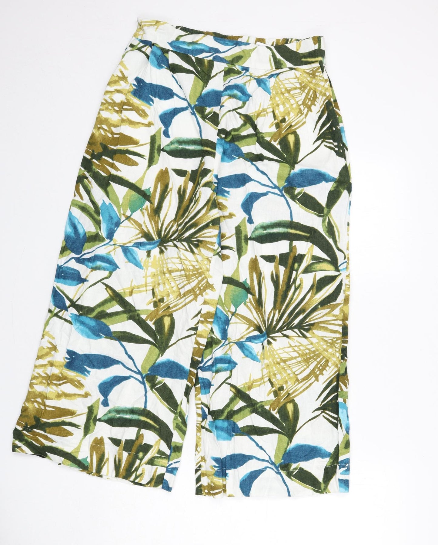 Chelsea & Theodore Womens Multicoloured Geometric Linen Trousers Size 8 L21 in Regular Zip - Leaf Print