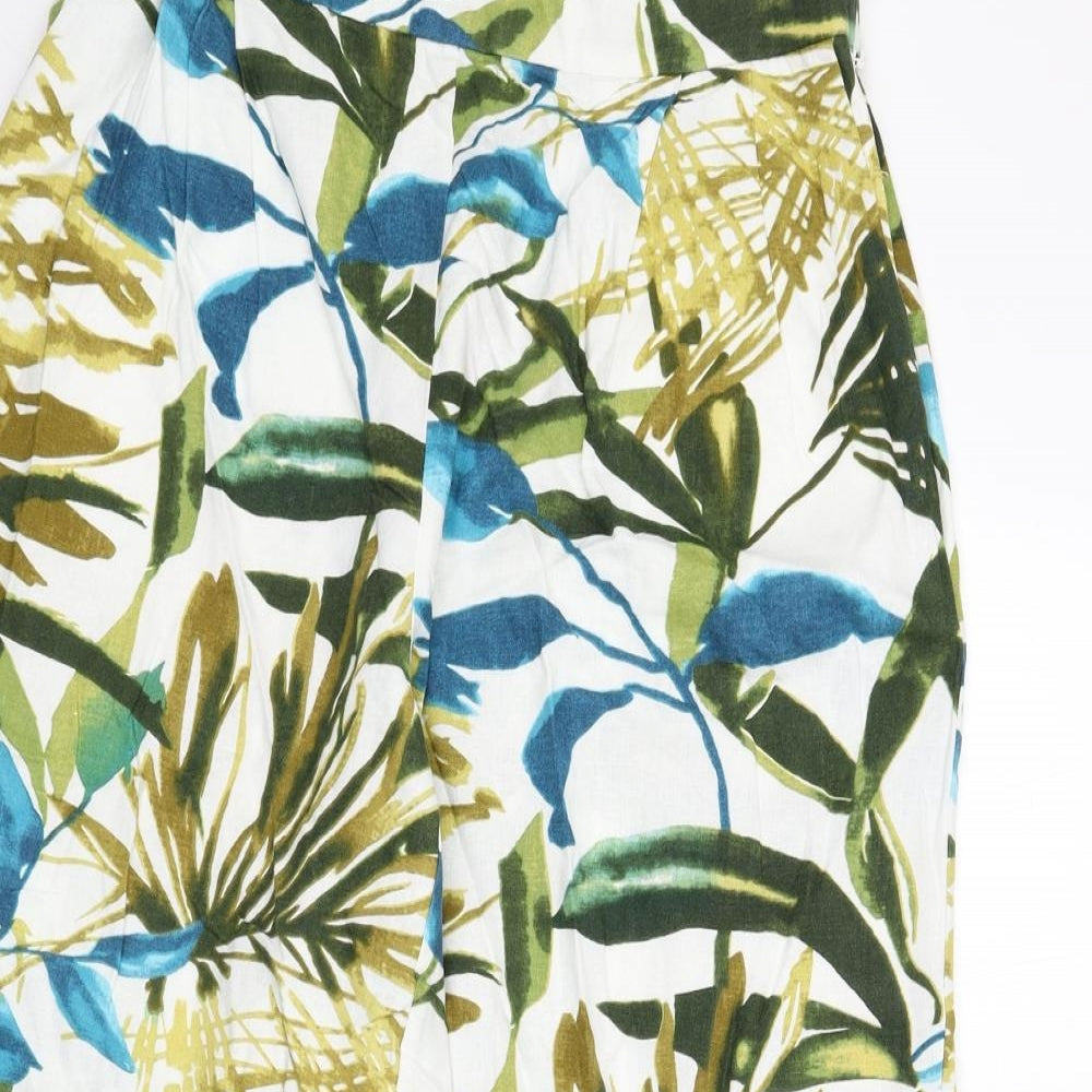 Chelsea & Theodore Womens Multicoloured Geometric Linen Trousers Size 8 L21 in Regular Zip - Leaf Print