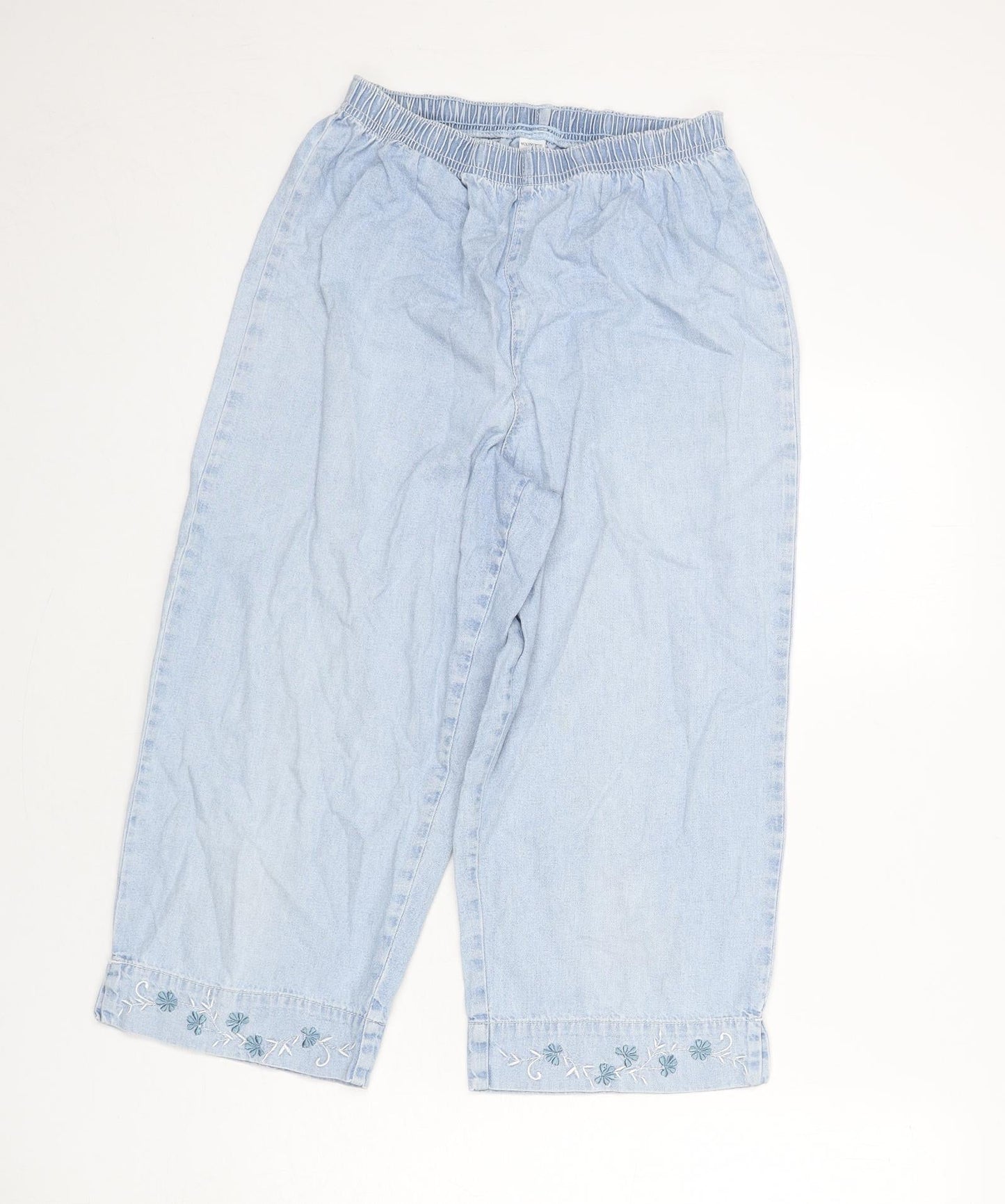 Woolworths Womens Blue Cotton Capri Jeans Size 34 in L20 in Regular - Floral Embroidery, Elastic Waist, Wide Leg