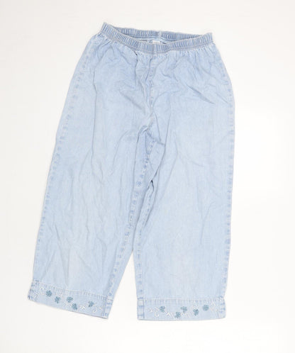 Woolworths Womens Blue Cotton Capri Jeans Size 34 in L20 in Regular - Floral Embroidery, Elastic Waist, Wide Leg