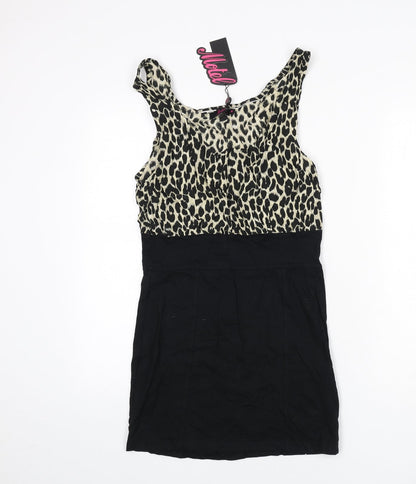 Motel Womens Black Animal Print Cotton Bodycon Size M Scoop Neck Pullover - Leopard Print
