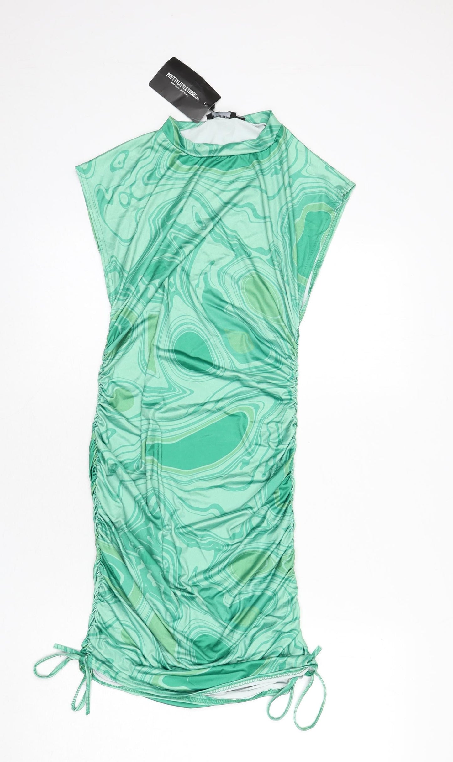 PRETTYLITTLETHING Womens Green Geometric Polyester Bodycon Size 10 Round Neck Pullover - Ruched Sides