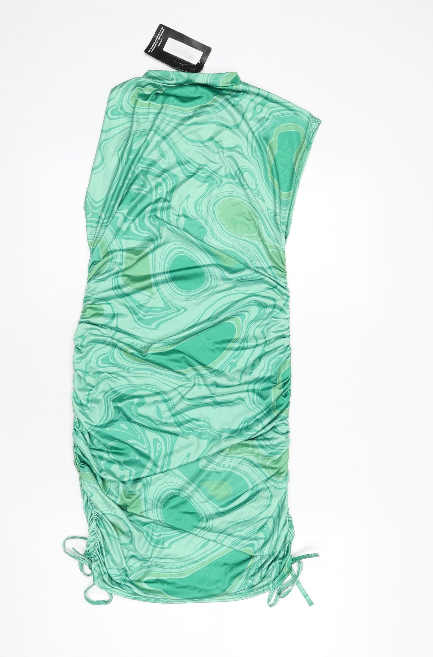 PRETTYLITTLETHING Womens Green Geometric Polyester Bodycon Size 10 Round Neck Pullover - Ruched Sides