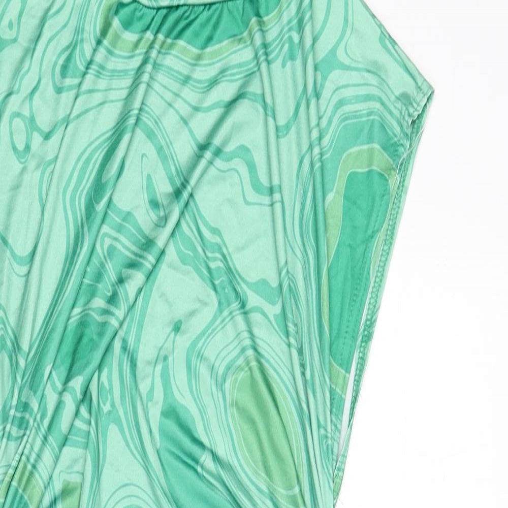 PRETTYLITTLETHING Womens Green Geometric Polyester Bodycon Size 10 Round Neck Pullover - Ruched Sides