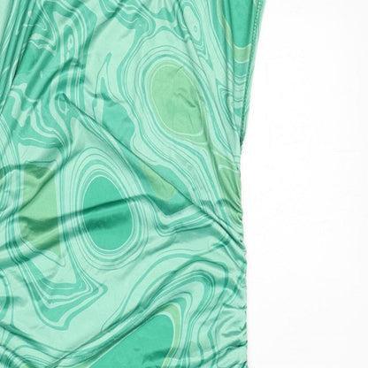 PRETTYLITTLETHING Womens Green Geometric Polyester Bodycon Size 10 Round Neck Pullover - Ruched Sides