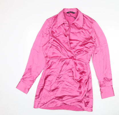 Zara Womens Pink Polyester Shirt Dress Size M Collared Zip