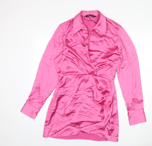 Zara Womens Pink Polyester Shirt Dress Size M Collared Zip