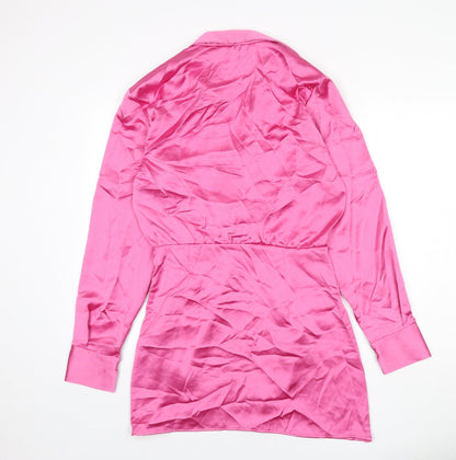 Zara Womens Pink Polyester Shirt Dress Size M Collared Zip