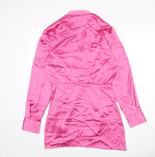Zara Womens Pink Polyester Shirt Dress Size M Collared Zip