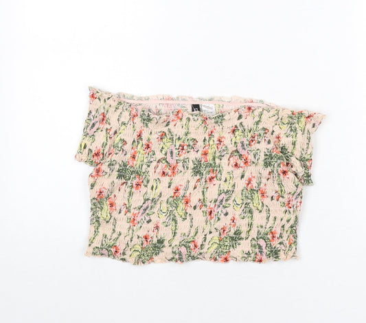 Divided by H&M Womens Pink Floral Cotton Cropped T-Shirt Size L Off the Shoulder - Shirred
