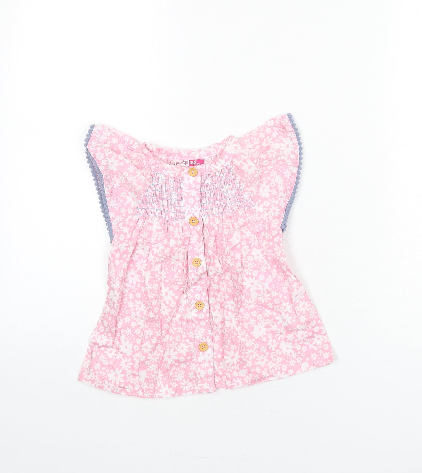 Penelope Mack Girls Pink Floral 100% Cotton Basic Blouse Size 2 Years Round Neck Button