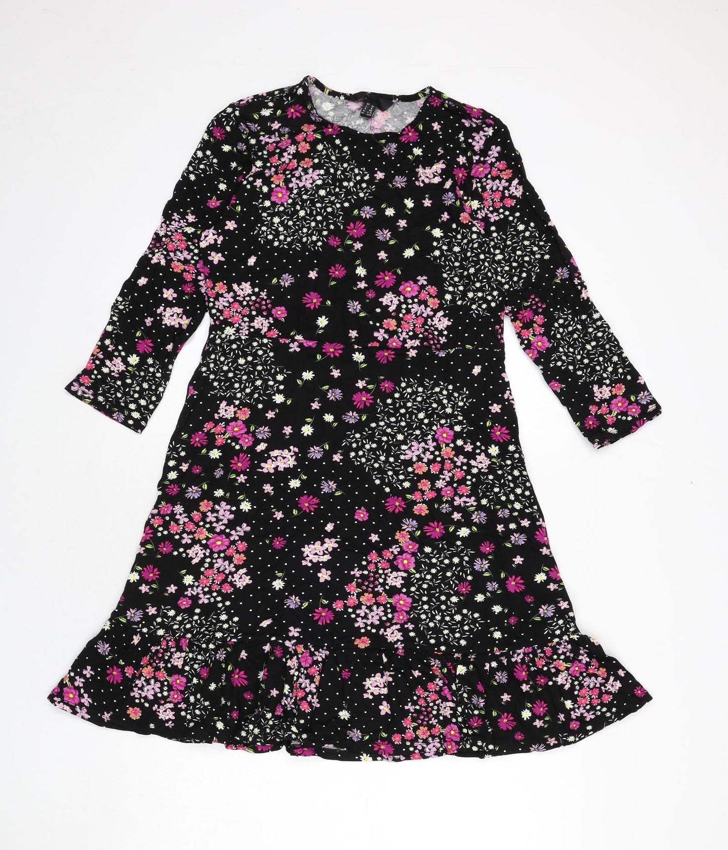 Friends Like These Womens Black Floral Viscose A-Line Size 12 Round Neck Pullover