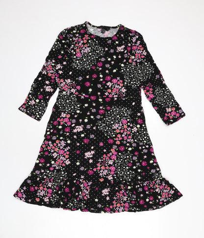 Friends Like These Womens Black Floral Viscose A-Line Size 12 Round Neck Pullover