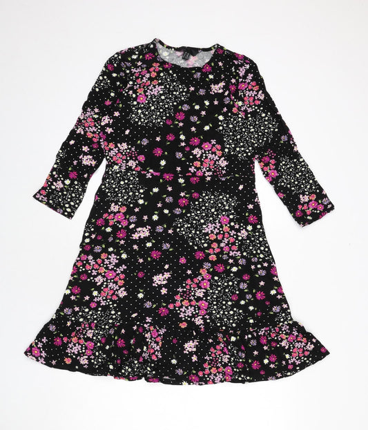 Friends Like These Womens Black Floral Viscose A-Line Size 12 Round Neck Pullover