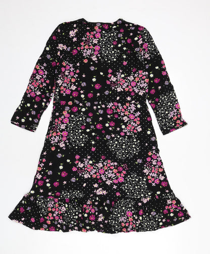 Friends Like These Womens Black Floral Viscose A-Line Size 12 Round Neck Pullover