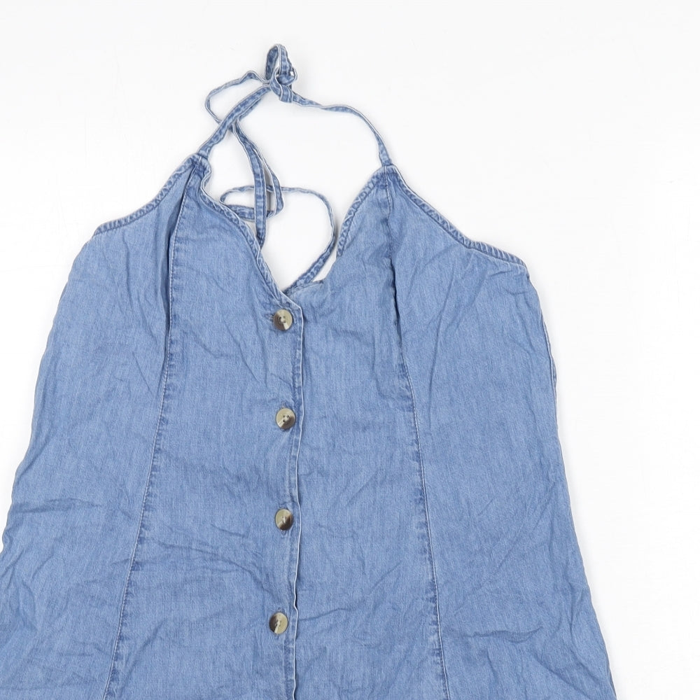 ASOS Womens Blue 100% Cotton Mini Size 12 Halter Button